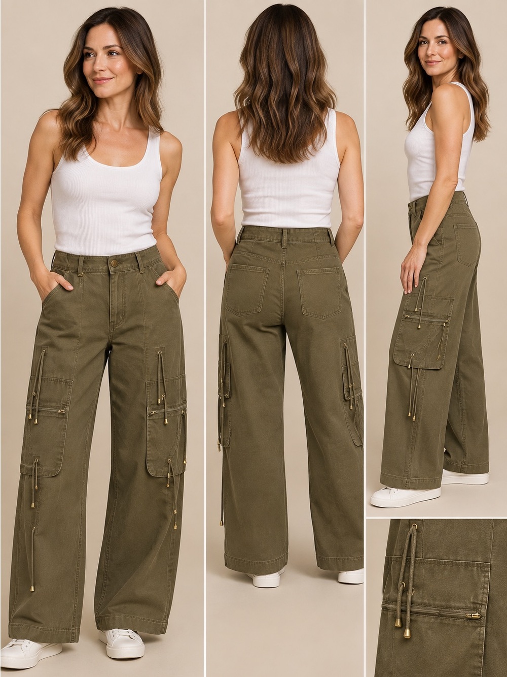 BGN Utility Wide-Leg Cargo Pants in Olive Green